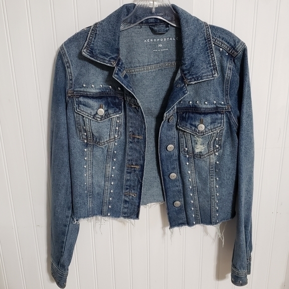 Aeropostale Cropped Studded Distressed Jean Jacket Size XS - Picture 1 of 7